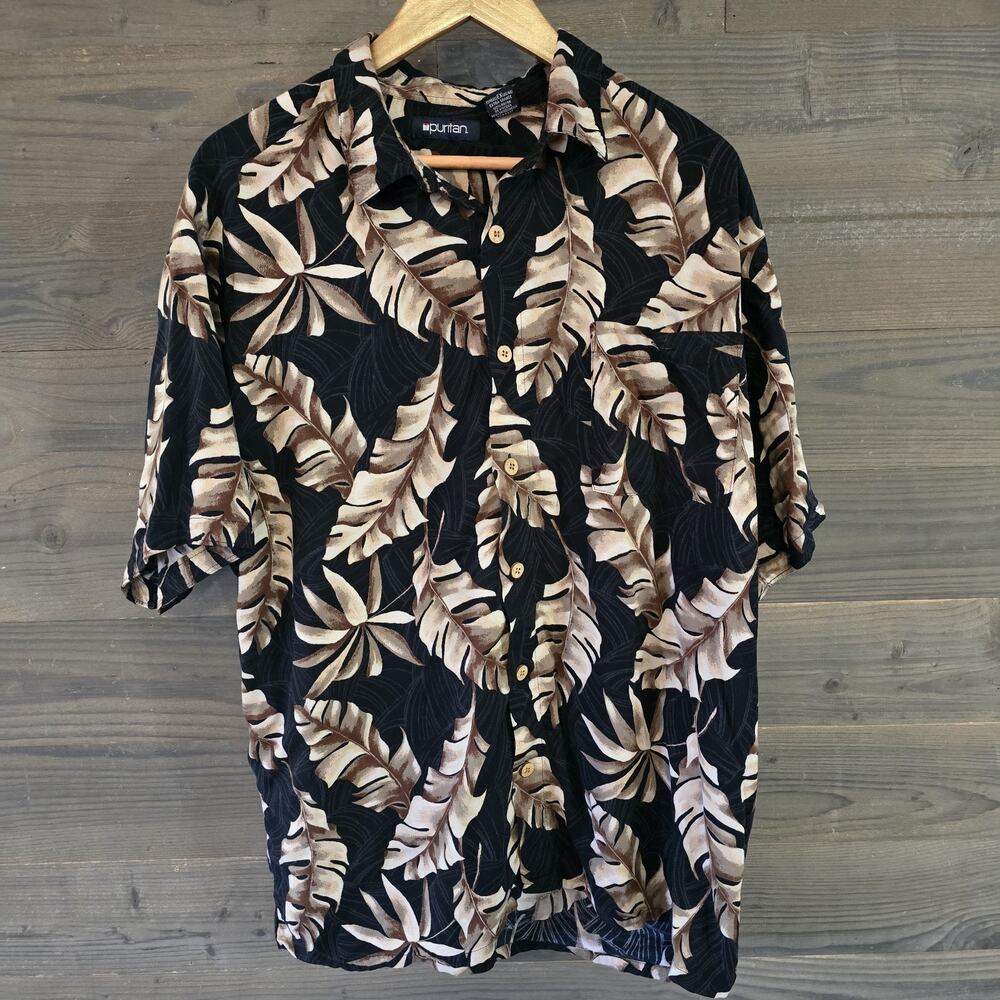 Vintage Puritan Hawaiian Shirt Mens XL Black Tropical Leaf Aloha Button Up